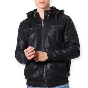 Refinery Republic Black Faux Leather Detatchable Hooded Jacket Men’s M